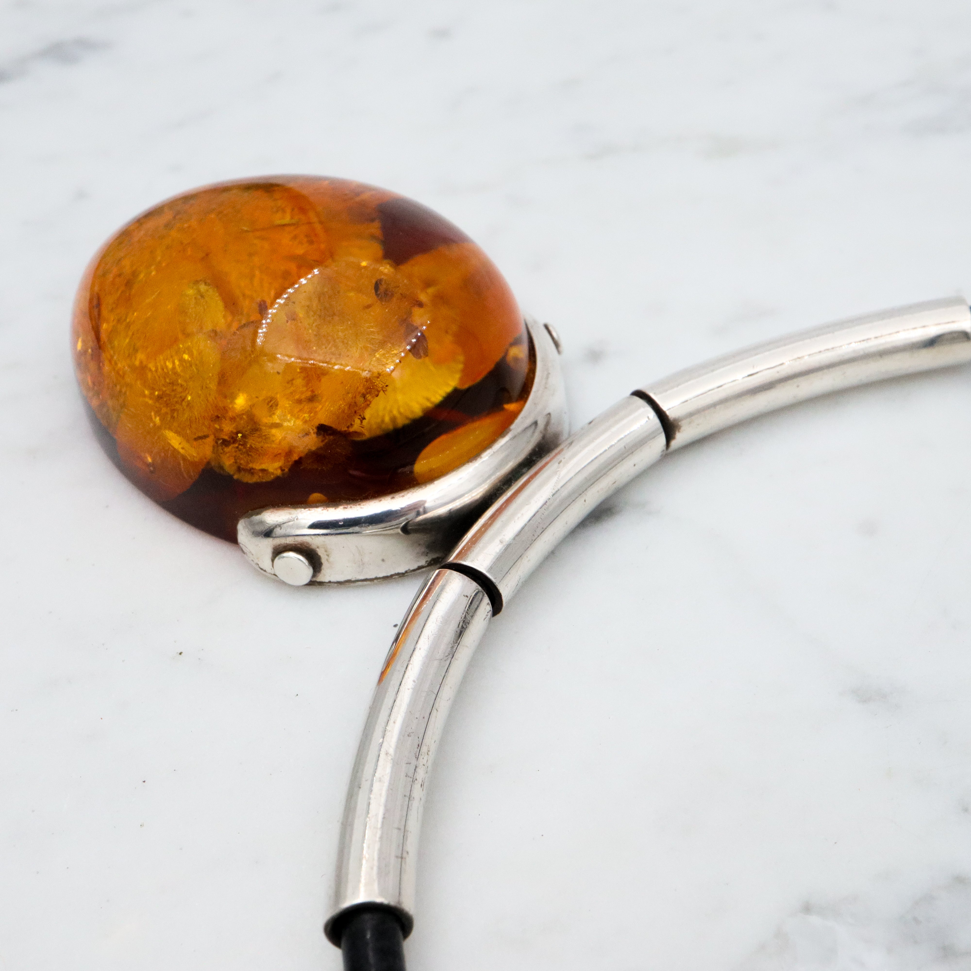 Massive retro amber sterling pendant necklace on leather cord